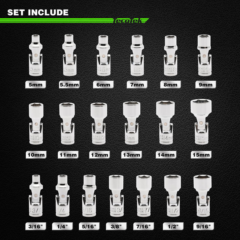 TecoTek 19-Piece 1/4-Inch Drive Universal Joint Socket Set, Swivel Socket Set, 6-Point, SAE (3/16" to 9/16") and Metric (5mm to 15mm), CR-V, Universal Flex Socket for Easier Access to Tight Spaces 1/4" Dr. Metric & SAE (19pcs)