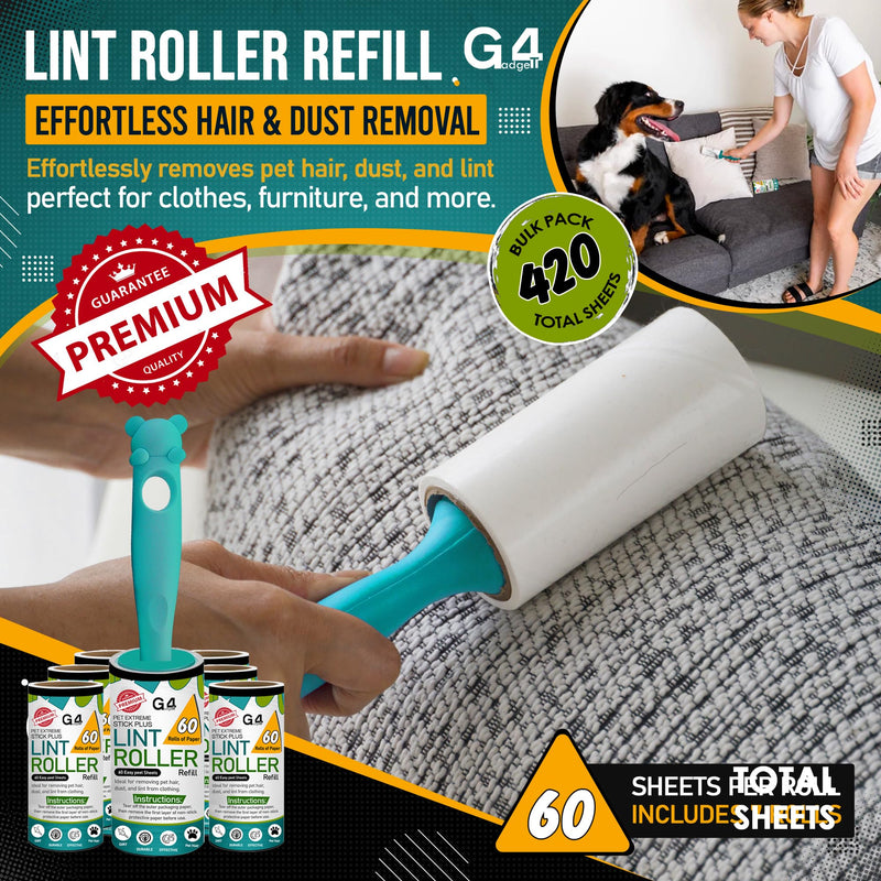 G4GADGET Lint Roller for Pet Hair – 7 Refills (420 Sheets) with 1 Handle – Extra Sticky Lint Remover for Clothes, Furniture, Carpet – Cat & Dog Hair, Dust & Fluff Cleaner
