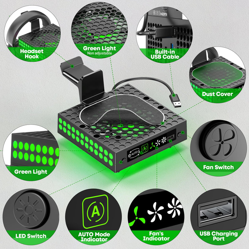 XBX Series X Cooling Fan Dust Proof with Auto Mode, for Xbox Series X Console with LED Lights, Built-in AUTO Adjustable Fan Cooling System, Xbox Series X Top Cooler, Game Accessory with Headset Holder