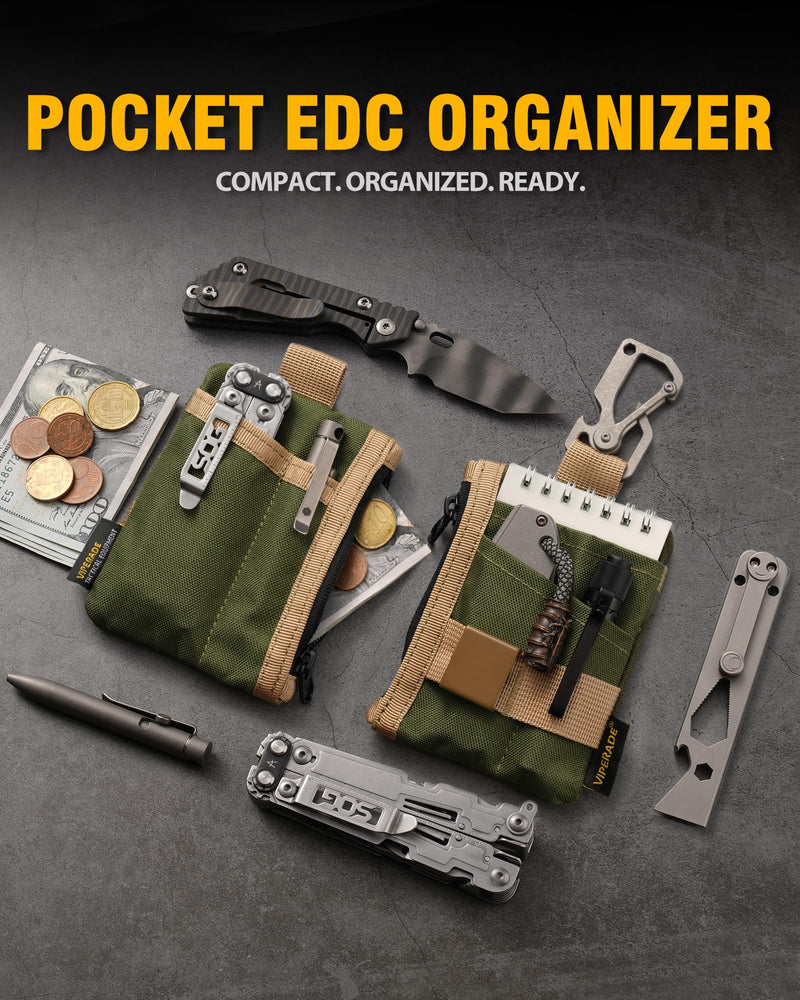 VIPERADE VE28 6-in-1 EDC Pouch, 500D Compact EDC Pocket Organizer, Molle Extension Tool Storage Bag, Small Coin Purse/Card Holder/Swiss Army Knife Pocket Pouch (Green/Tan) Green/Tan