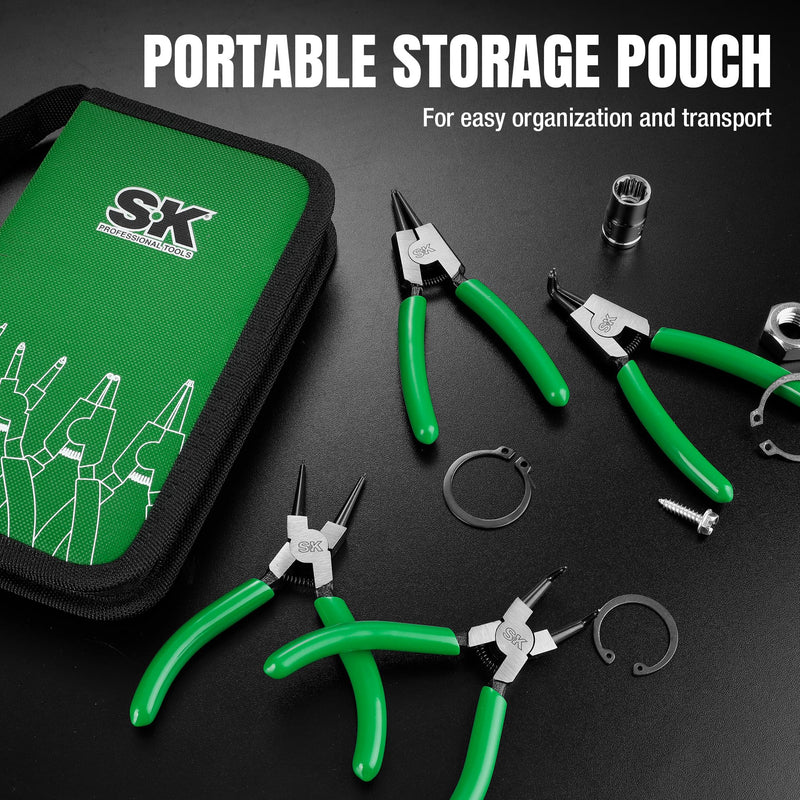 SK 4-Piece Snap Ring Pliers Set, 5-Inch Internal/External Circlip Pliers with Straight/Bent Jaw, 0.035'' Precision Tip Diameter, Premium CR-V Steel, with Zipper Pouch