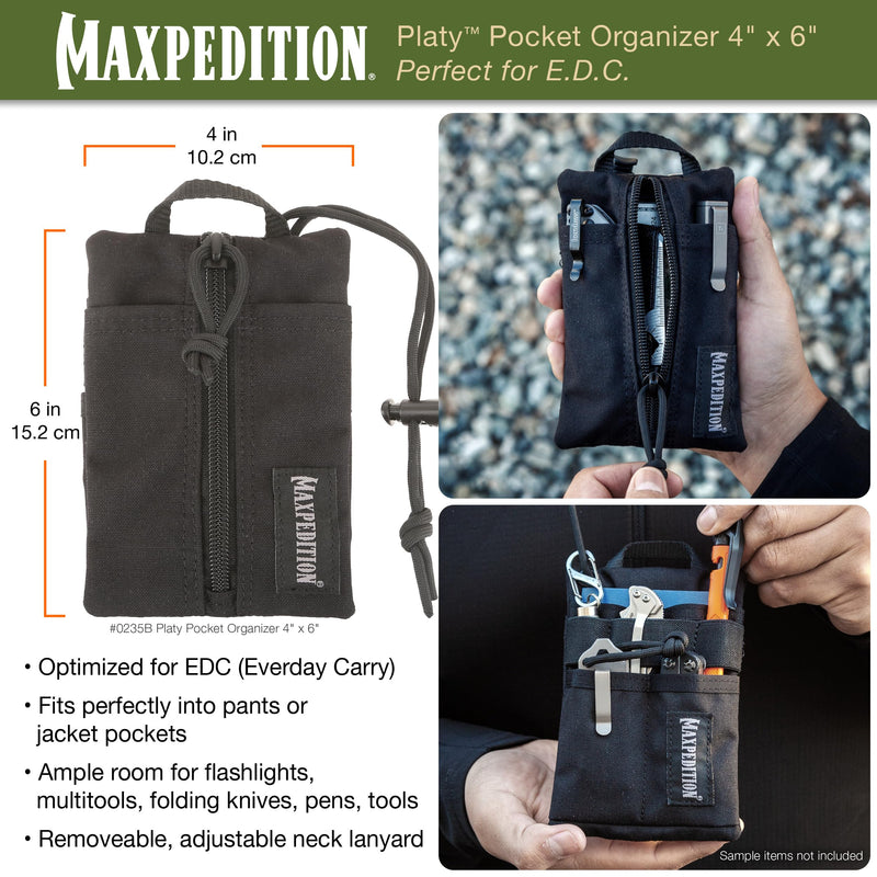 MAXPEDITION Platy Pocket Organizer, Durable EDC Tool Pouch for Men, Neck Wallet with Paracord Lanyard, Holds Flashlight, Multitool, Pen, Notebook Black 4" x 6"