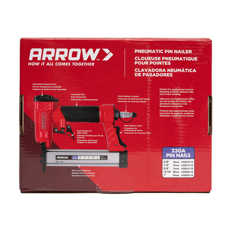 Arrow PT23G 23 Gauge Compact Pneumatic Pin Nail Gun, Oil-Free, Fits 3/8”, 1/2”, 5/8”, 13/16” and 1” Nails 8.25 x 2 x 10 inches Gauge Pin Nailer