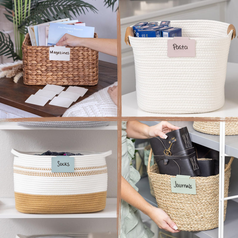 Hygge & Sage: Metal Non-Slip Basket Labels Clip On for Storage Bins, or Wire Racks | Includes 8 Labels, 8 Non-Slip Pads, and 1 Free Marker (White) White