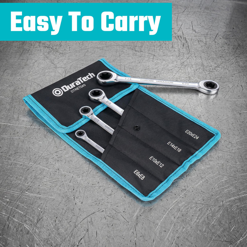 DURATECH 4-Piece E-Torx Wrench Set, Double Box End Ratcheting Wrench Set, Including E6 * E8, E10 * E12, E14 * E18 and E20 * E24, 72-Teeth, CR-V Steel, Mirror-Polished with Rolling Pouch