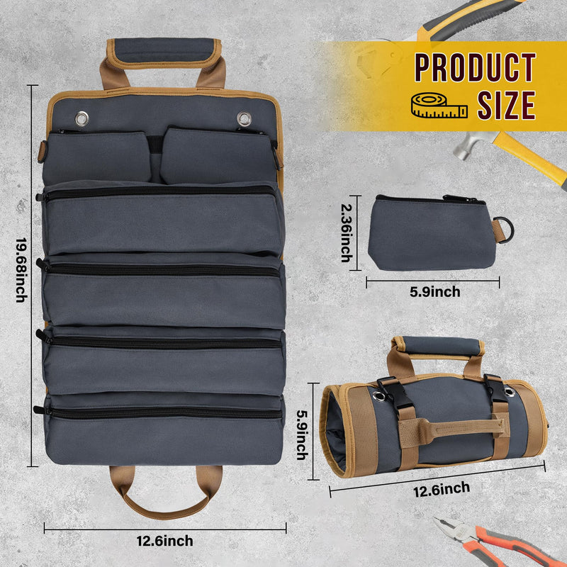 Tool Bag Tool Bags for Men Heavy Duty Tool Organizer, Portable Roll Up Tool Bag Gifts For Him, Mechanic, Electrician and Hobbyist, Car Tool Roll Organizer Grey