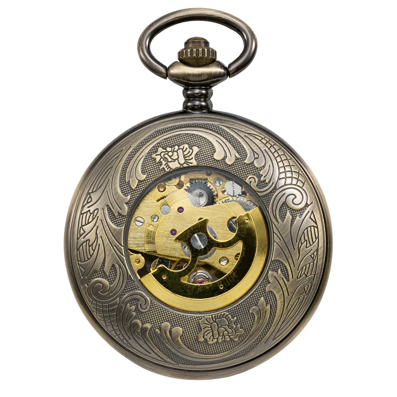 Automatic Mechanical Pocket Watch Magnifier Case Steampunk Skeleton Roman Numerals Dial for Men Women Bronze