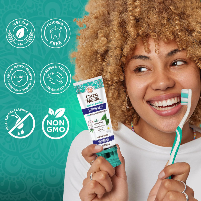 GuruNanda Hydroxyapatite Toothpaste for Whitening with Neem & Xylitol, SLS & Fluoride Free (4 Pack) - Freshens Breath, Fights Plaque - with 2 Toothbrushes, 2 Tongue Scrapers & 2 Tube Squeezers 4.2 Ounce (Pack of 4)