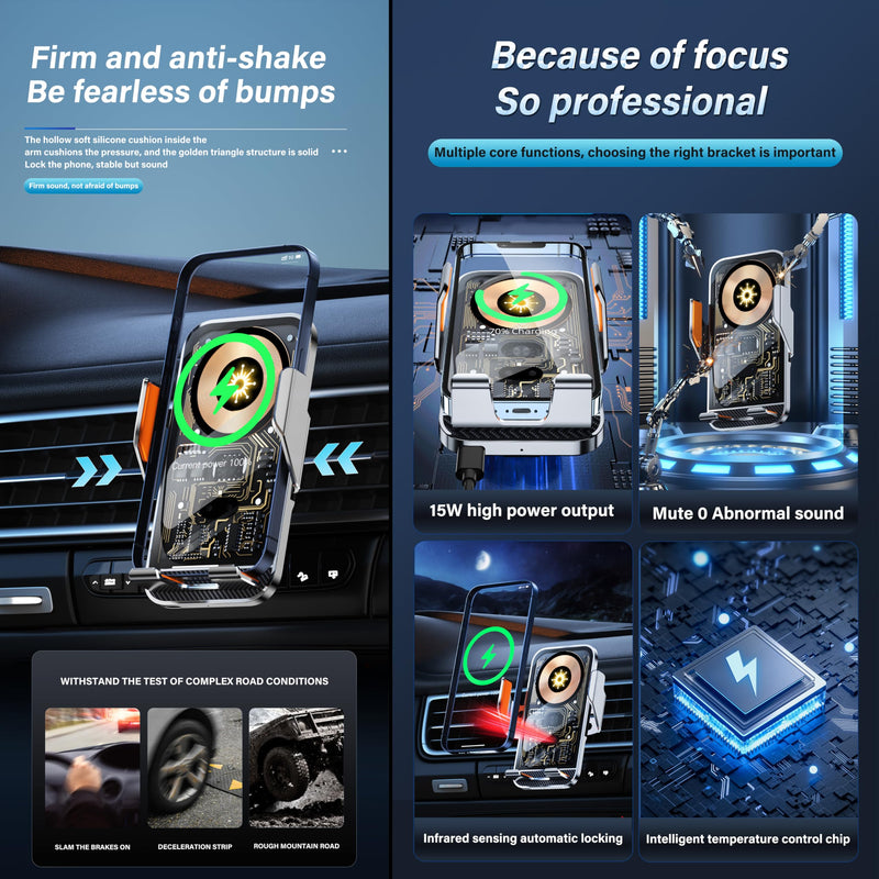 Car Phone Holder Charger Wireless Cell Phone Car Mount - 15W Fast Charging Auto-Clamping Air Vent Car Phone Mount Charger for iPhone 16 Pro Max 16 15 14 13 12 Pro and Sumsung Galaxy Series Silver