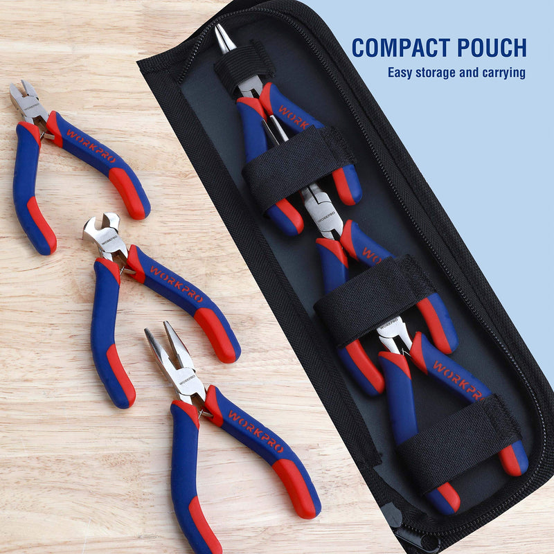WORKPRO 6-piece Mini Pliers Set - Needle Nose, Diagonal, Long Nose, Bent Nose, End Cutting and Linesman, for Making Crafts, Repairing Electronic Devices, with Pouch Blue