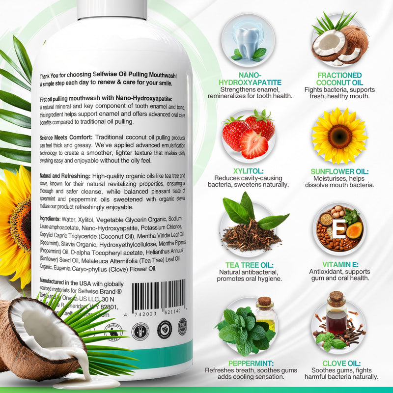 Nano-Hydroxyapatite Oil Pulling Whitening Mouthwash for Teeth and Gums, Natural & Organic, Whitens Teeth, Strengthens Enamel, Fights Bad Breath & Plaque – Smooth & Non-Greasy – for Adults - 16oz Coconut Mint 16 Ounce