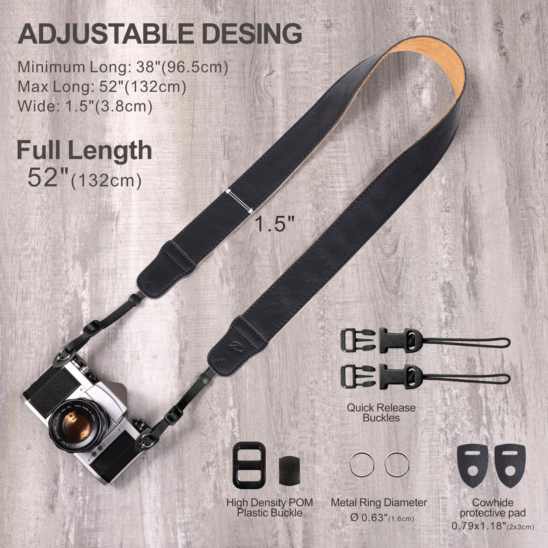 Padwa Lifestyle Black Leather Camera Strap - 1.5" Soft Full Grain Cowhide Camera Straps for Photographers, Soft Suede Fabric Padded Leather Strap with Quick Release fits All Cameras 1.5 inch Wide / Adjustable 38~52 inch
