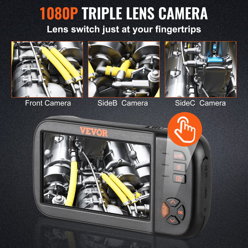 VEVOR Triple Lens Endoscope Camera, 4.5" IPS Screen Borescope Inspection Camera with 1080P Lens, 10 Adjustable Light, 2860 mAh Battery, Waterproof & Oilproof Endoscope for Auto, Wall, Drain Inspection 4.5 inch Screen - 16.5 ft