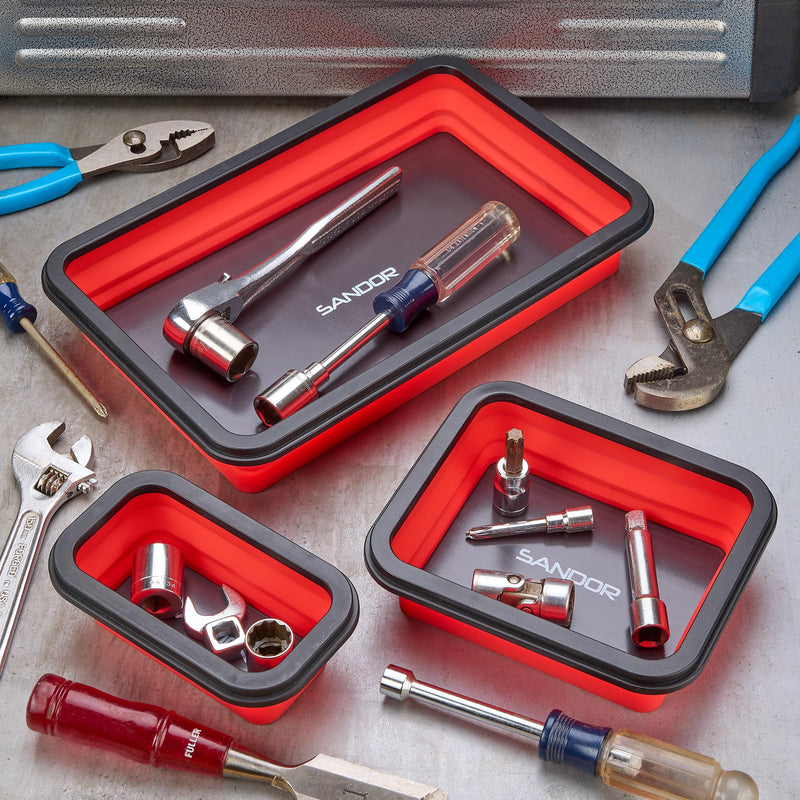 Collapsible Magnetic Parts Tray Set - 3 Different Size Tool Trays for Screw, Bolts, Nuts, Washers, Pins and Other Small Metal Parts, Mechanic Tool Gifts for Men - Red