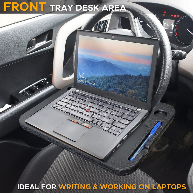 EcoNour 2 in 1 Car Steering Wheel Desk | Tray for Laptop Car Mount with Pen Holder| Bench Seat Consoles | Food Tray for Eating with Drinks Holder | Multipurpose Travel Car Accessories Black