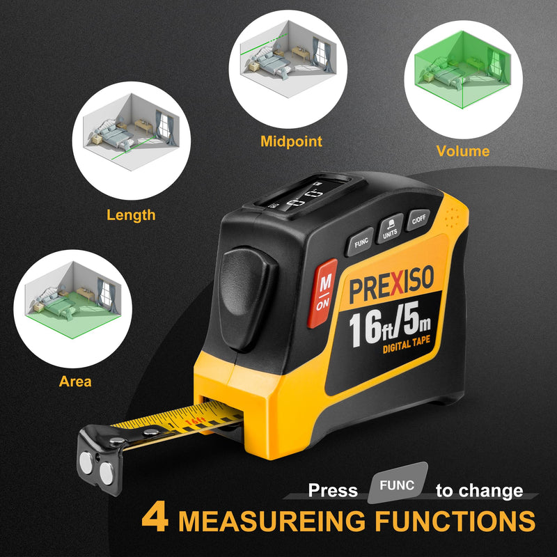 PREXISO 2-in-1 Digital Tape Measure - 16Ft Rechargeable Measuring Tape Ft/Ft+in/in/M/CM/MM - Metric & Inches Retractable Measurement Tape Tool with Auto Lock & Magnetic Tip - Pythagorean, Area, Volume Yellow