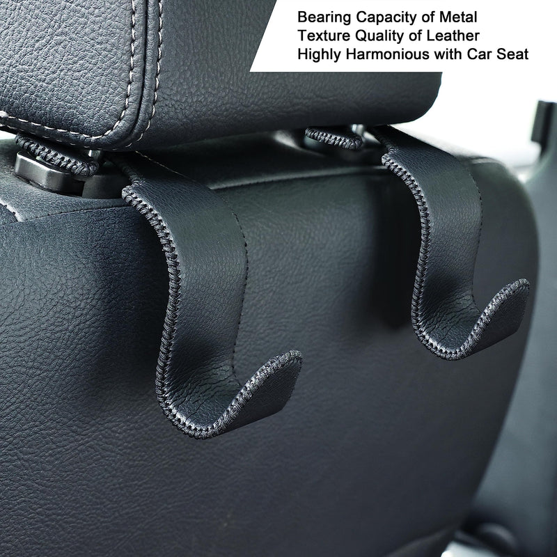 Amooca Car Seat Headrest Hook Universal Vehicle Storage Hanger Leather with Metal Car Seat Back Organizer for Handbag Purse Coat Black 2 Pack