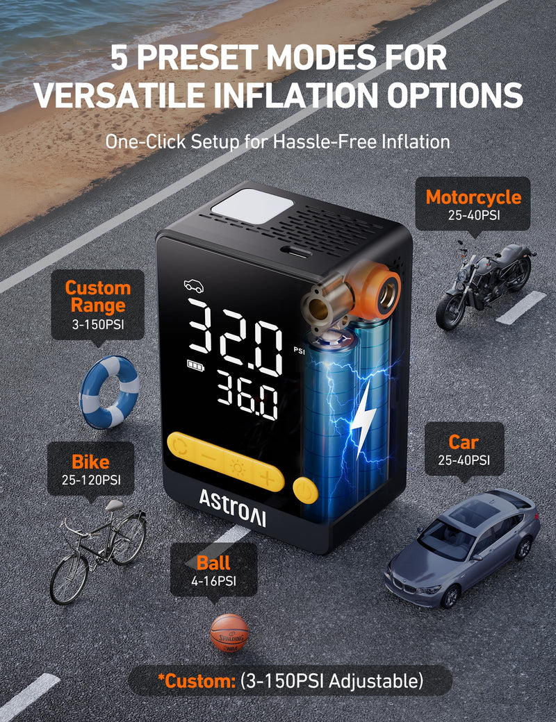 AstroAI L10 Mini Tire Inflator Portable Air Compressor,150PSI Air Pump for Car Tires with Tire Pressure Gauge,Bike Pump with LED Light,Tire Inflator for Cars,Bikes,Motorcycles,Balls,Car Accessories Compact