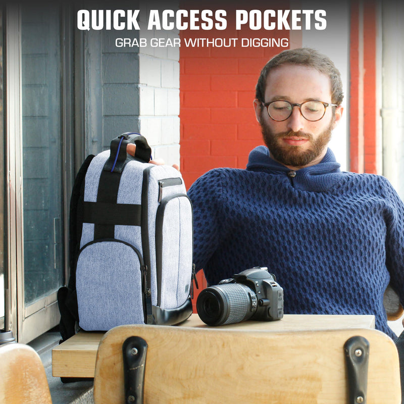 USA Gear Portable Camera Backpack for DSLR with Customizable Accessory Dividers, Weather Resistant Bottom and Comfortable Back Support - Compatible with Canon, Nikon, Sony, Fujifilm, and More (Blue) Compact Blue