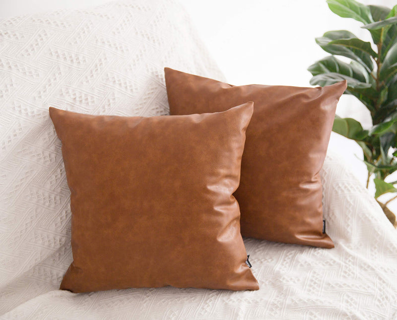 Faux Leather Throw Pillow Covers 16x16 inch, Set of 2 Thick Cognac Brown Modern Boho Farmhouse Decor Small Square Decorative Bedroom Living Room Cushion Cases for Couch Bed Sofa 16" x 16" (Pack of 2)
