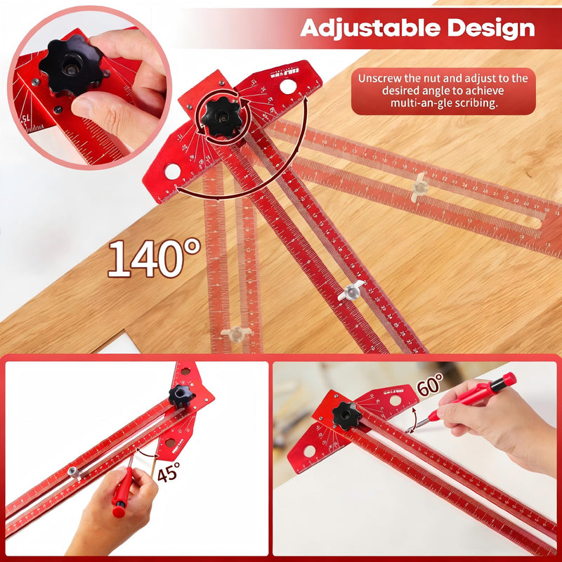 Woodworking Scriber Marking Line Ruler, Adjustable T-Square Ruler with Carpenter Pencil, Aluminum Alloy Sliding Woodworking Tools Precision Line Drawing Ruler with Angle Adjustment Scale