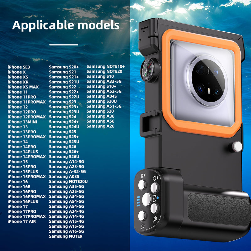 Diving Case for iPhone & Galaxy, 49FT/15M, Bluetooth Shutter | Anti-drop housing helps protect the phone for underwater photos while snorkeling or diving and comes in black-orange. Black Orange