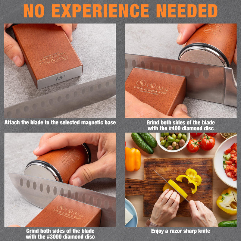 Rolling Knife Sharpener Kit for Kitchen – Chef Knife Sharpening Tool with 15° & 20° Magnetic Angle, Wooden Roller Base, Diamond Discs – Easy Manual Sharpener System