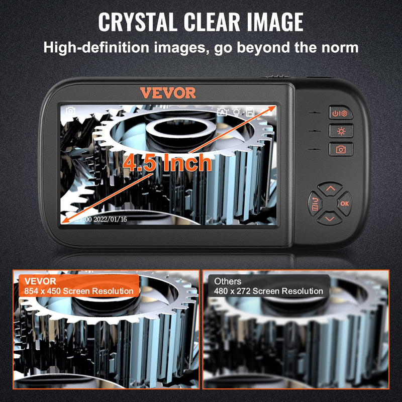 VEVOR Triple Lens Endoscope Camera, 4.5" IPS Screen Borescope Inspection Camera with 1080P Lens, 10 Adjustable Light, 2860 mAh Battery, Waterproof & Oilproof Endoscope for Auto, Wall, Drain Inspection 4.5 inch Screen - 16.5 ft