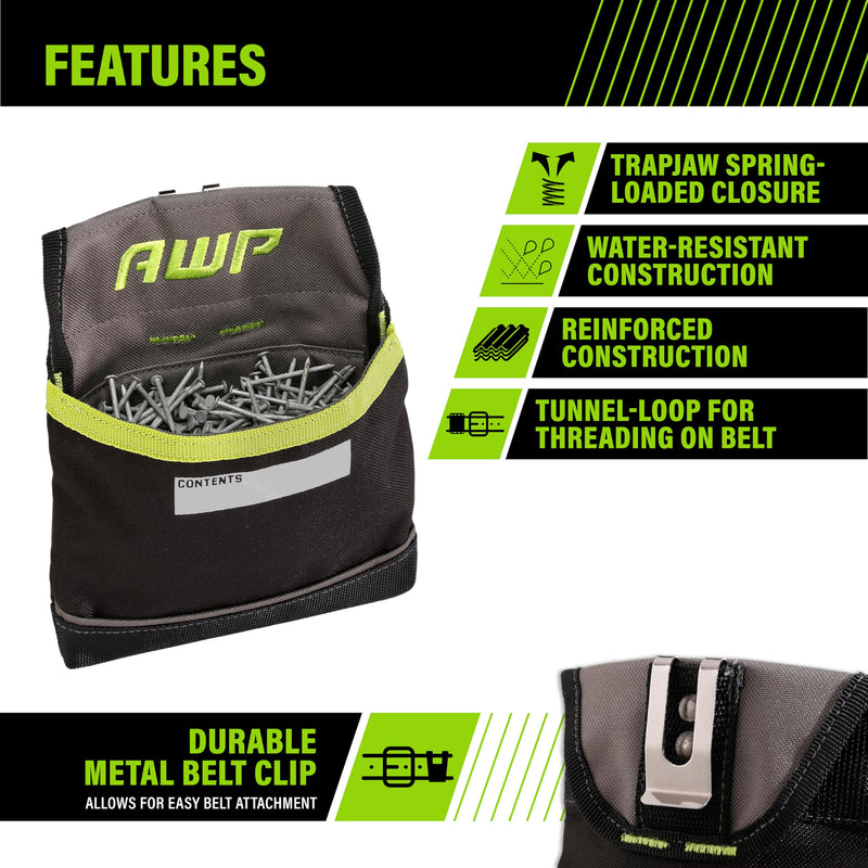 AWP TrapJaw Clip-on Fastener Tool Pouch, Small Utility Bag with Spring-Loaded Closure, Durable Tactical Tool Holder for Nails, Screws, and Electrical Accessories, 1L-039-2 1 Pack 7" W x 7.75" L