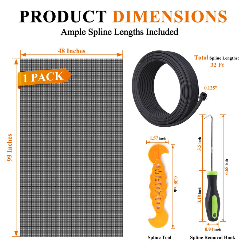 MAGZO Pet Proof Window&Door Screen Replacement Kit, 48" W x 99" L, Best Vinyl Coated Polyester Mesh Dog Cat Resistant Heavy Duty, 32FT Retainer Spline&Spline Removal Hook&Press-Fit Roller Tool, Black 48"W x 99"L(with Tool) Black(Include Tool)