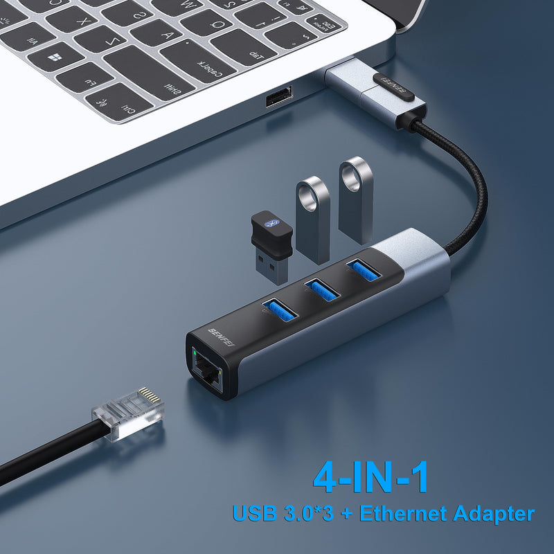 BENFEI 2-in-1 USB-C USB 3.0 to Gigabit Ethernet Adapter, 3-Port USB 3.0 Hub with RJ45 Compatible with MacBook Pro/Air 2023, iPad Pro, iMac, S23, XPS 17, Surface Book 3 and More