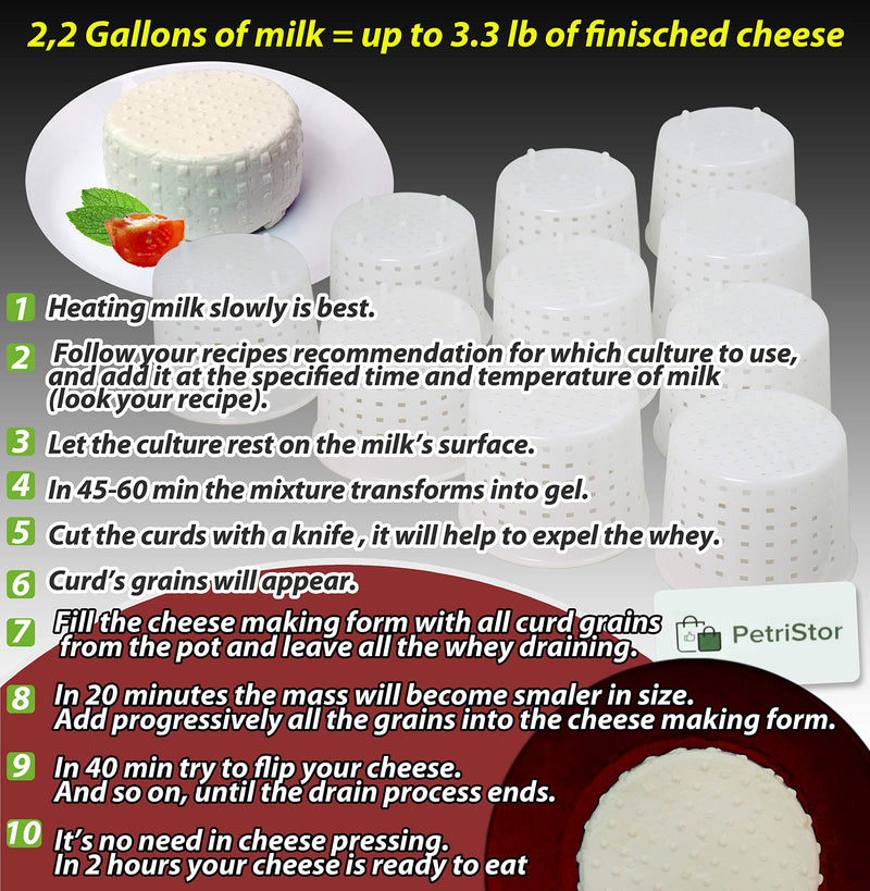 PetriStor 10pcs Small Cheese Mold for Cheese Making 1/3 qt - Soft Cheese Molds - Homemade Cheese Making Supplies - Cream Cheese Form Mold - Moldes Para Queso Fresco Casero - Feta Cheese Making