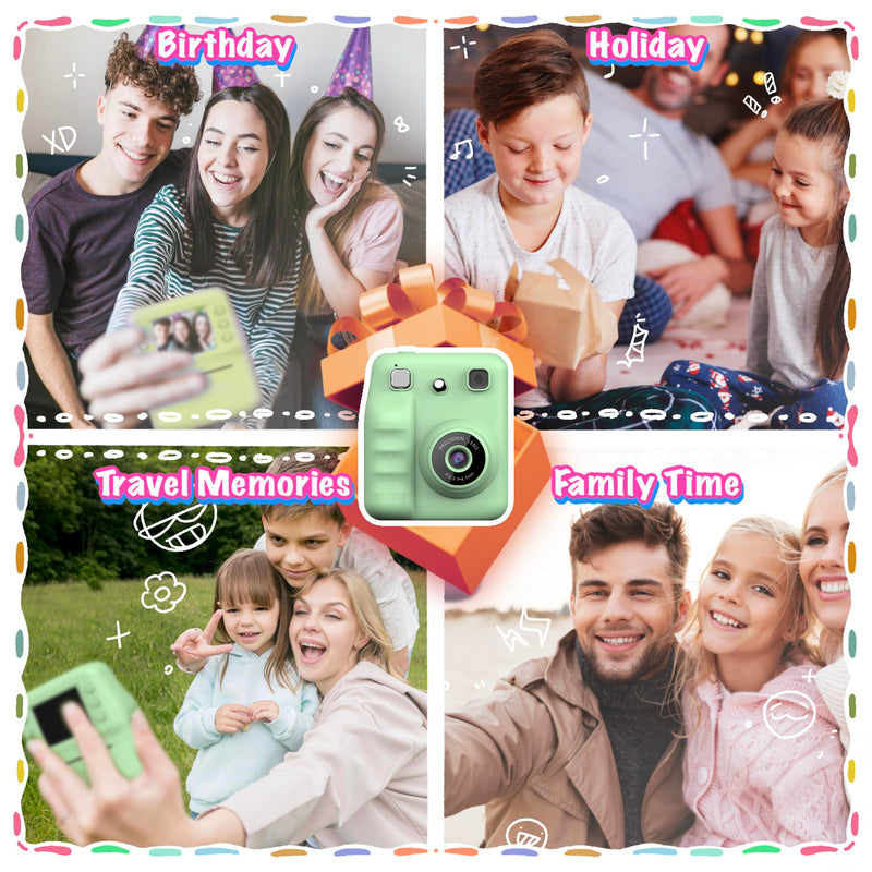 Kids Instant Print Camera for Girls Boys Christmas Birthday Gift (Green) | Digital Camera with 1080p Videos, Print Paper and 32GB Card, Portable Travel Cameras Toy for 3, 4, 5-12 Year Old Girls Boy Green