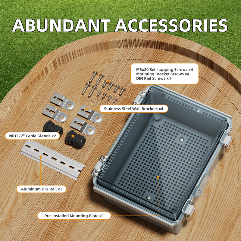 Joinfworld Outdoor Waterproof WiFi Enclosure 8.7x6.7x4.3 | Weatherproof Outdoor Electrical Junction Box, IP67 Rated, DIN Rail & Stainless Latch for Solar, Irrigation, Network & DIY 8.7"x6.7"x4.3" Clear