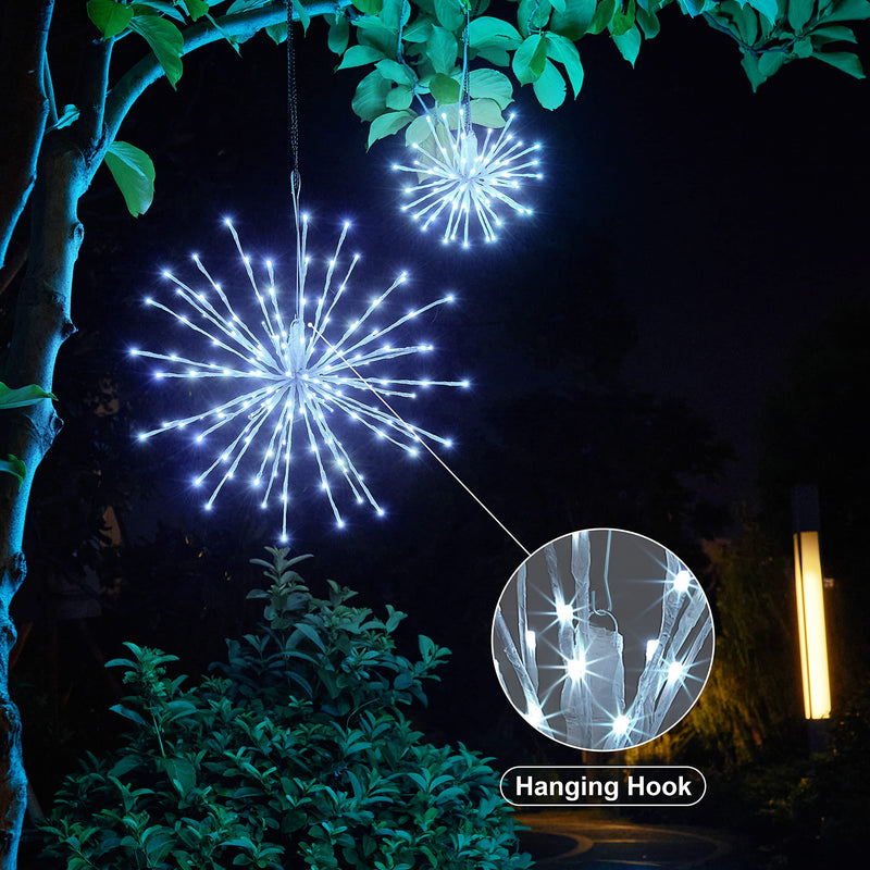 LIGHTSHARE 12'' Starburst Light 80 LED Firework Lights White Twinkle Hanging Ball Dual-use for Patio Walkway Pathway Decoration Indoor/Outdoor 12IN-White Frame