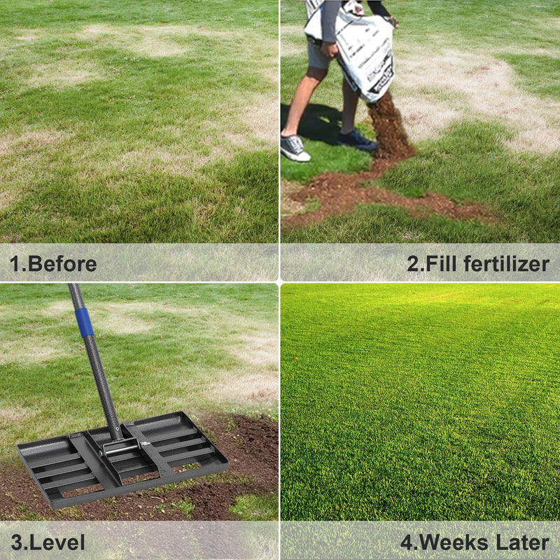 Lawn Leveling Rake,Stainless Steel Lawn Leveler with 18”x10” Ground Plate, 72” Adjustable Long Handle, Level Lawn Tool for Grass, Golf Field, Level Soil or Dirt Ground Surfaces 6 FT