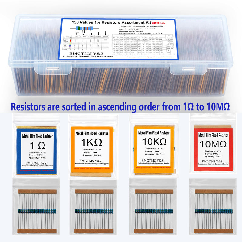 3120 Pcs 156 Values Metal Film Resistor Assortment Kit, 1/4W 1% Tolerance (1Ω-10MΩ), Professionally Organized with Labeled Bags & Durable Case | Ideal for DIY, Electronics, and Precision Circuits 1/4 Watt 156 values