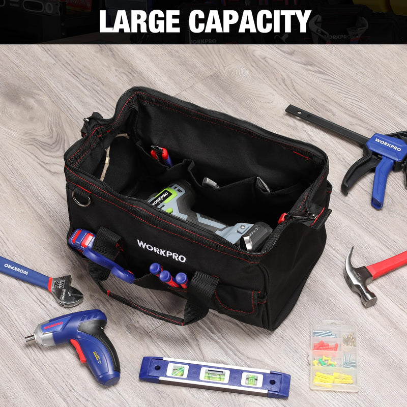 WORKPRO 14-inch Tool Bag, Multi-pocket Tool Organizer with Adjustable Shoulder Strap, W081021A , black Storage Tool Bag 14 inches