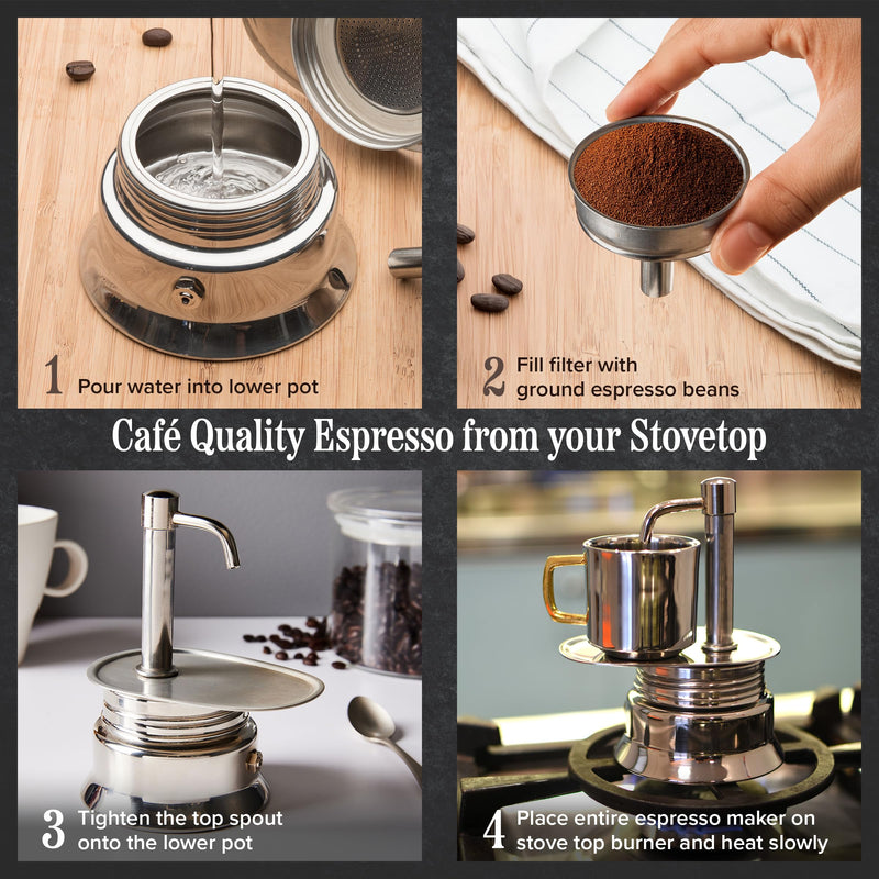Kings County Tools Single Spout 1 Cup Coffee Maker - Stainless Steel Stovetop Espresso Maker - Italian Coffee Machine for Espresso, Cappuccino, and Mocha - Portable Brew Pot for Home or Camping Chrome