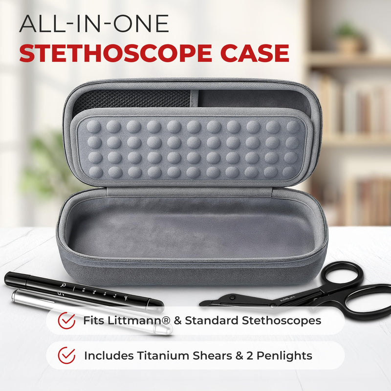 Ever Ready First Aid Stethoscope Case Including Titanium Shears, 2 Penlights Black & Silver Fits Littmann-Type Stethoscope, Rubber Grip Handle - Gray