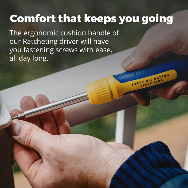 RATCHETING SCREWDRIVER - 13-in-1 Multi Bit Screw Driver w/ " Hex Shaft for Phillips, Star, Flat, Square Bit - Retractable Cartridge - Multi Screwdriver (Yellow)