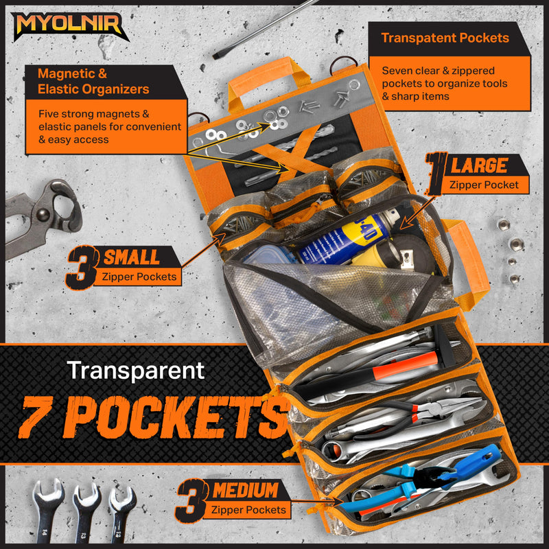 Roll Up Tool Bag Organizer With Kickstand - Full-Size 25" Heavy Duty Tool Roll Bag - Portable Rollup Toolbag With Magnetic Panels & Transparent Pockets - Mechanic, Electrician & Tradesperson Orange Black