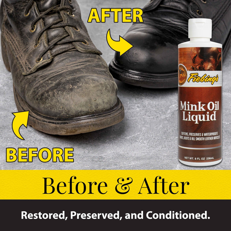 Fiebing's Liquid Mink Oil for Leather Boots (8 fl oz) - Leather Cleaner & Conditioner - Waterproof, Preserve, Soften All Smooth Leathercraft & Vinyl - Prevents Salt Stains - Use On Couch, Shoe, Purse 8 oz