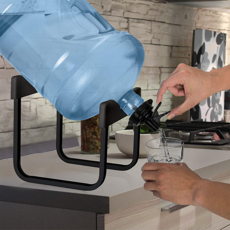 Brio Stainless Steel 3-5 Gallon Water Jug Stand and 2 Dispenser Valves, Rust-Resistant Non Slip Water Stand with BPA Free Fast Flow Water Spout Fits BOTH 48mm and 55mm Bottles 2 CAPS INCLUDED (Black) Black