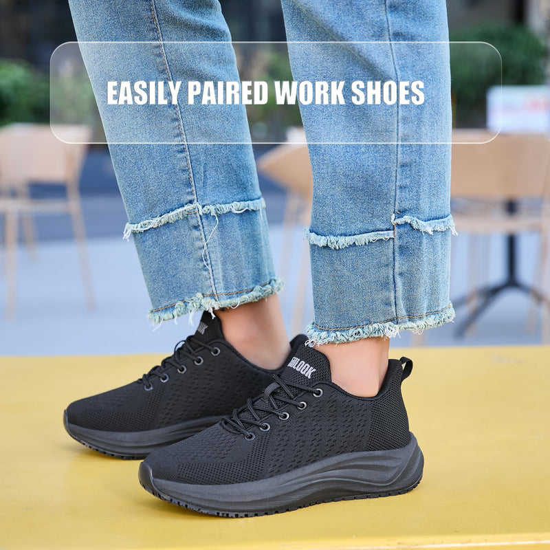 Women's Non Slip Work Shoes Slip Resistant Nurse Sneakers with Arch Fit Support Comfortable Mesh Walking Shoes for Food Service Chef Kitchen Restaurant 8 Black