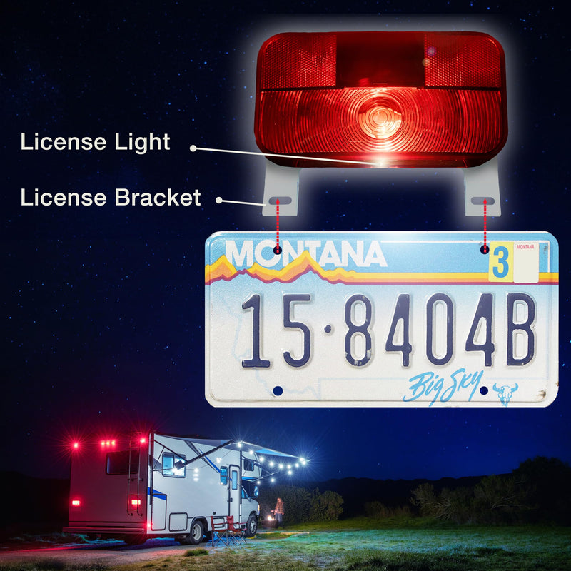 Lumitronics Red Surface Mount Light, License Bracket and License Light, Stop/Turn/Tail for RV, Trailer, Camper, 5th Wheel, Motorhome (White) With License Bracket & Light White