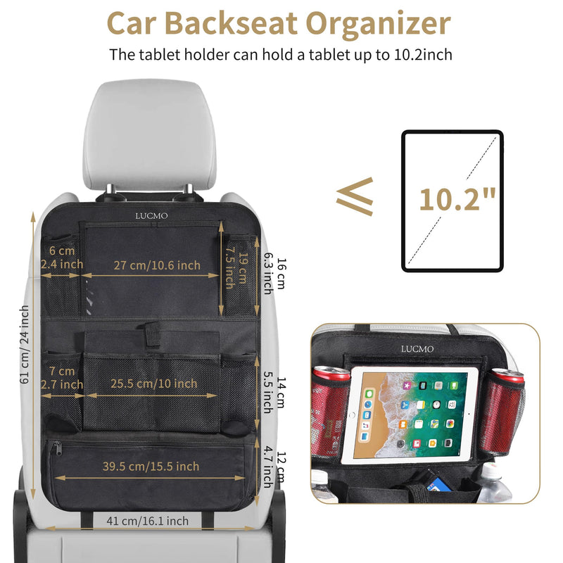 LUCMO Car Backseat Organizer with Touch Screen Tablet Holder-2 Pack,9 Storage Pockets Car Storage Organizer,Car Seat Back Protectors Kick Mats Travel Accessories for Kids-Black Black 2 Pack