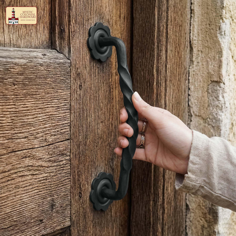 Mystic Colonial Cast Iron Twisted Barn Door Handle – 12 Inch Heavy Duty Black Pull for Gates, Cabinets & Sheds – Vintage Rustic Hardware 12.75 Inch Cast Iron Pull Handle