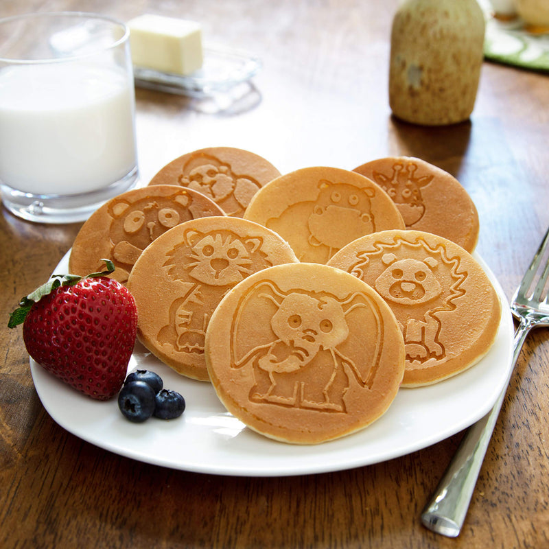 Animal Mini Pancake Pan- Make 7 Unique Flapjack Zoo Breakfast Friends | Includes Elephant, Giraffe, Lion, Tiger, Panda Gorilla & Hippo- Nonstick Pan Cake Maker Griddle for Morning Fun, Easy Cleanup