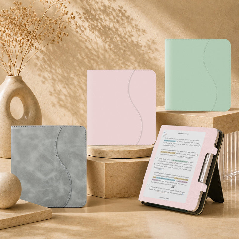 Case for 7" Kobo Libra Colour 2 with Stand and Hand Strap (Pink) | Back‑Attach Magnetic Cover, Auto Wake/Sleep, Front Pocket, Card Slots, PU Leather, for Table Reading, Relive Wrist Strain Pink